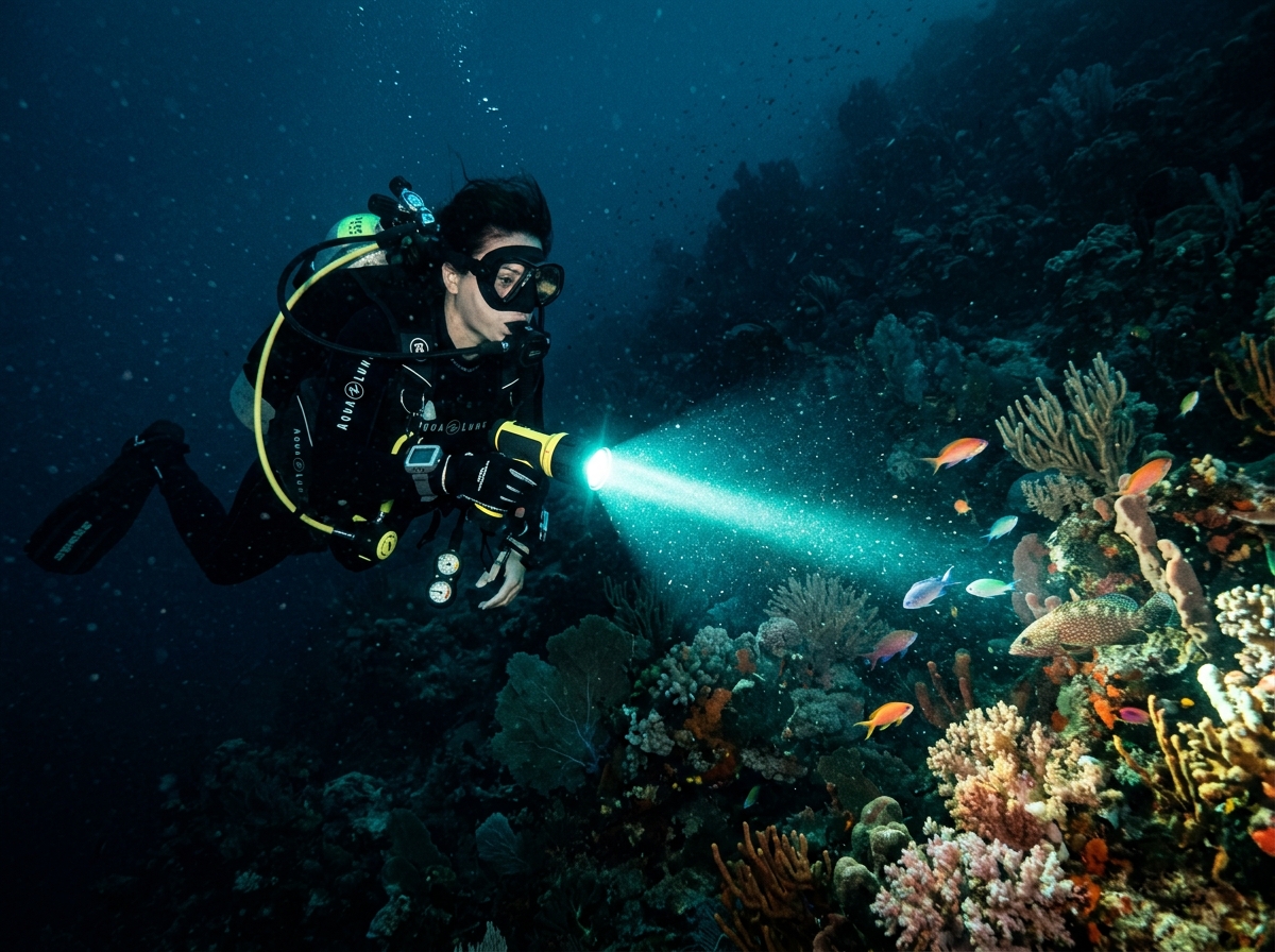 Penyelam menggunakan Senter Selam SUPERSENTER di Bawah Laut