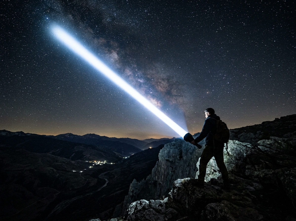 Sorotan Senter Terang High Power SUPERSENTER Jarak Jauh Menembus Langit Malam